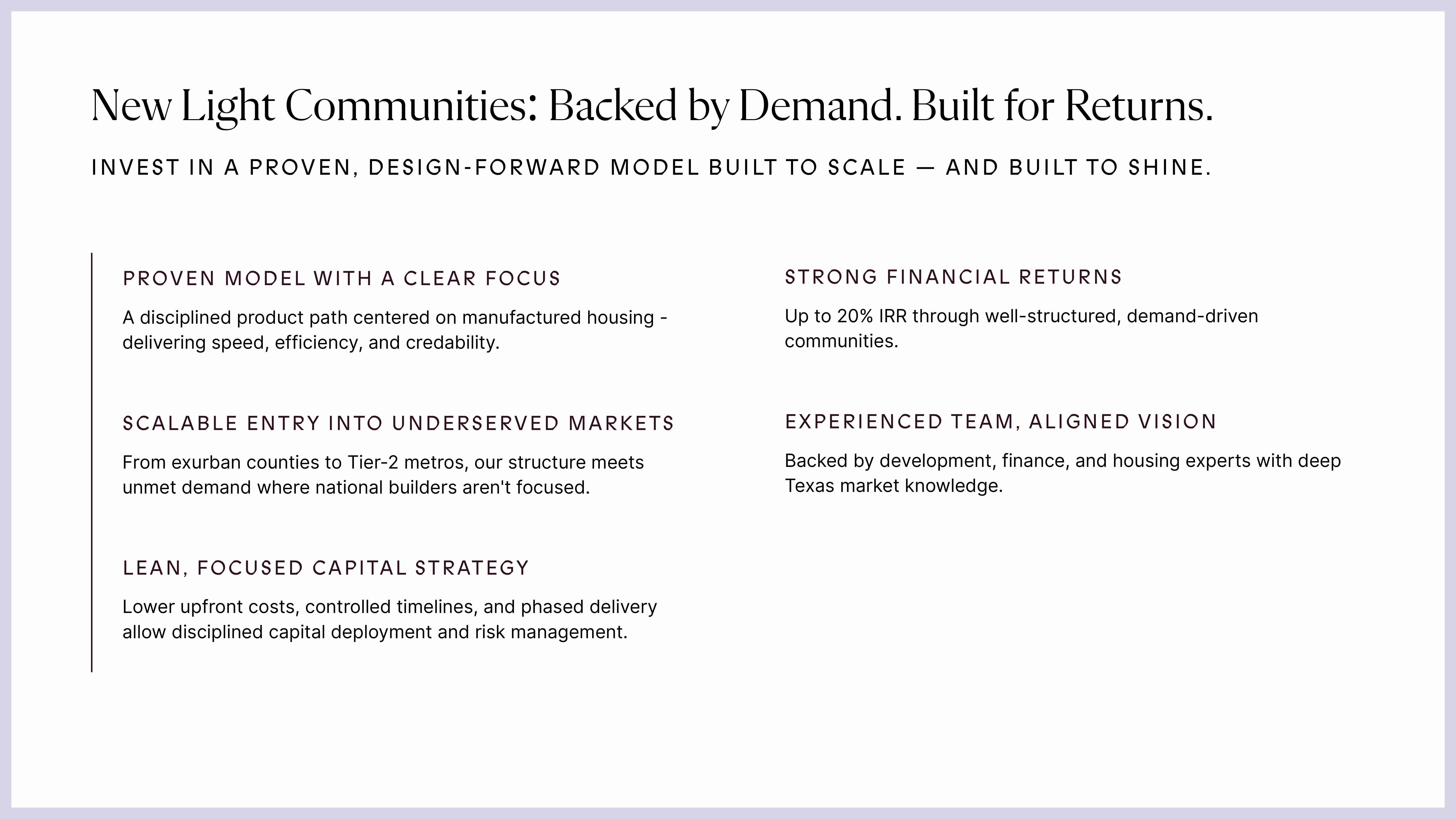 Investment Returns and Value Proposition